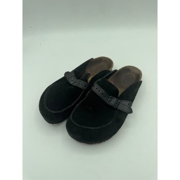 BIRKENSTOCK Eaton Black Suede Clogs Mules Buckle Slip On Shoes Womens 35 - Picture 1 of 4